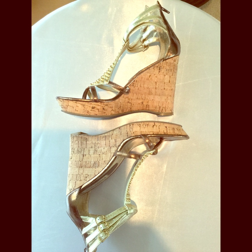 Steve Madden Gold and Copper Tone T Strap Wedges